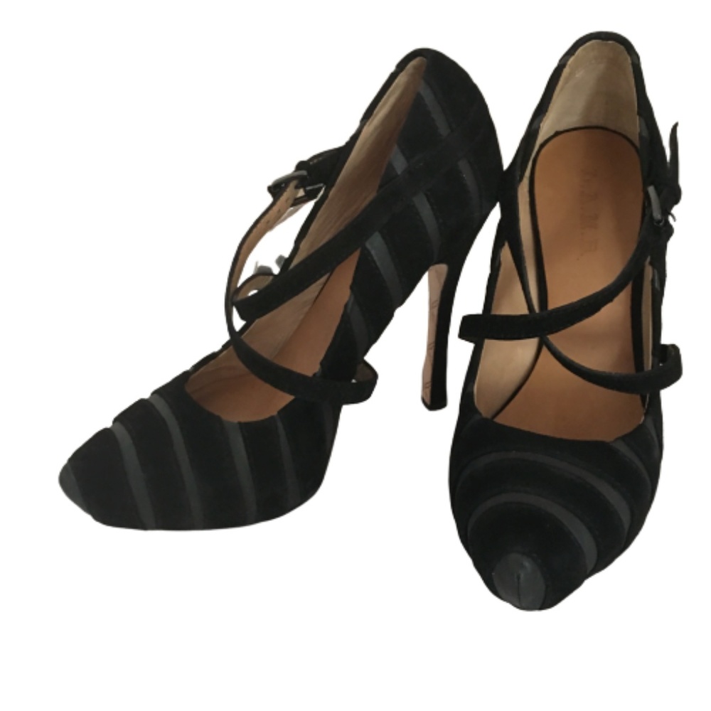 L.A.M.B Suede Black Striped Platform Heels